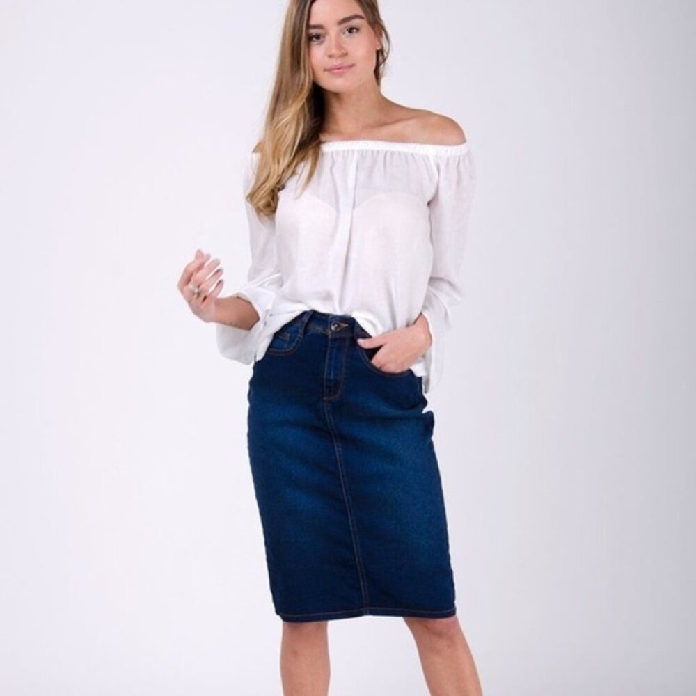 Project Indigo Stretch Denim Skirt  Women's Sz 10 Blue Boho  Mid Length Western